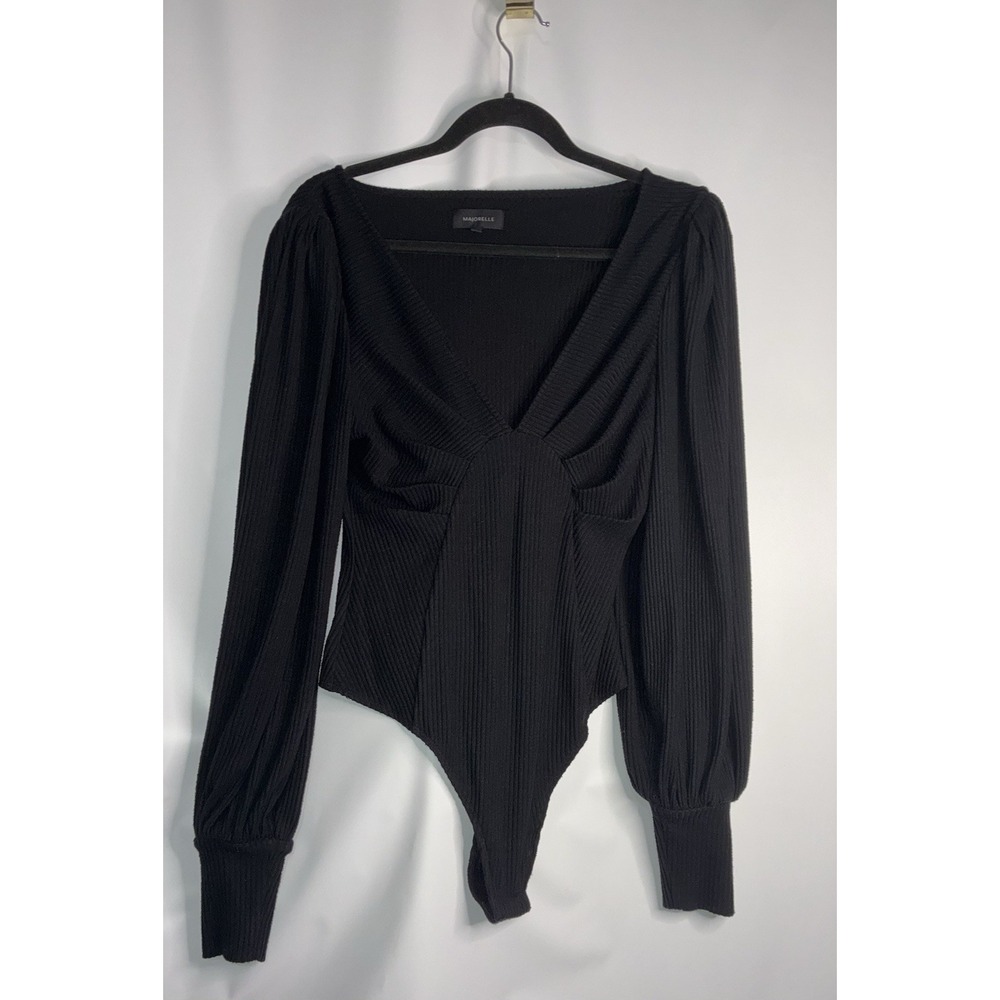 Majorelle Revolve Women's Medium‎ Black Ribbed Long Puff Sleeve Bodysuit V Neck